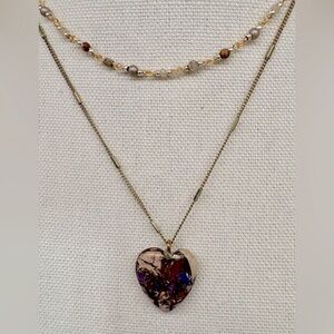 LUCKY 🍀 Double Layer Necklace: Beaded Choker + Purple & Gold 💛 Heart Pendant